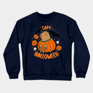 Happy Halloween a cute capybara in a pumpkin for Halloween Crewneck Sweatshirt